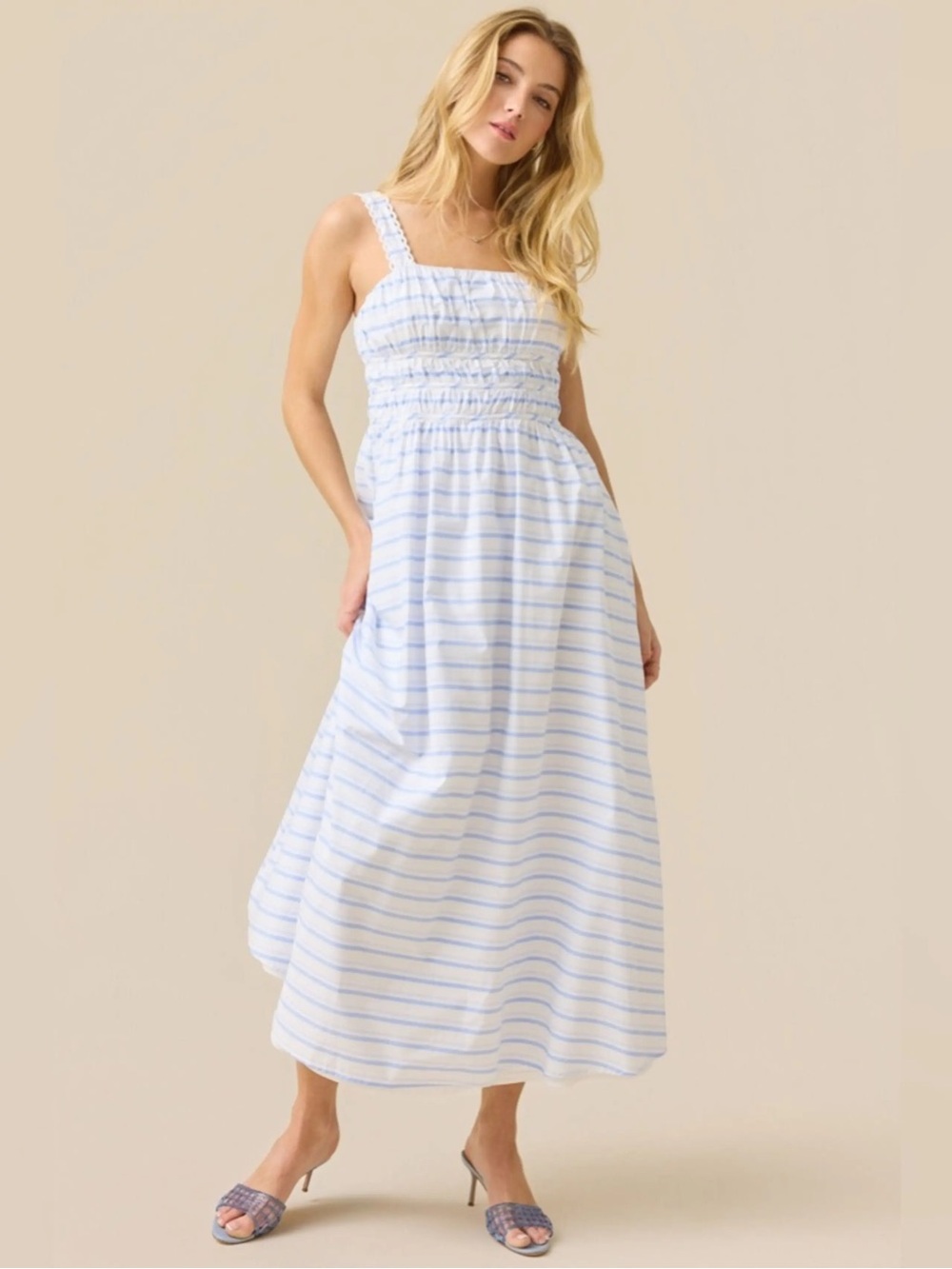 Altar'd State white and blue striped midi dress